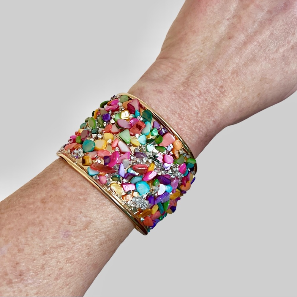 Multicolor Stone Embellished Gold Cuff Bracelet - Picture 10 of 10